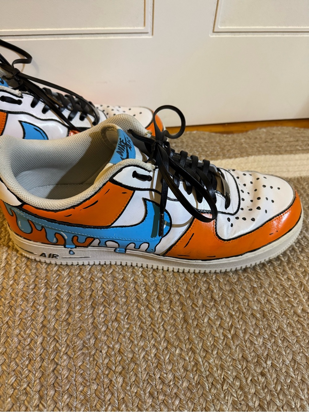 Custom Painted Nike Air Force 1 Sneakers Orange & Blue Drip Leather Lace Size 15 - Picture 6 of 9